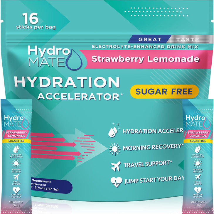 Electrolyte Powder Sugar-Free Hydration Packets Strawberry Lemonade HydroMATE 16