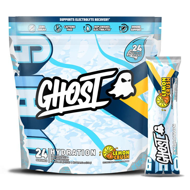 GHOST Hydration Packets, Lemon Crush, 24 Sticks, Electrolyte Powder