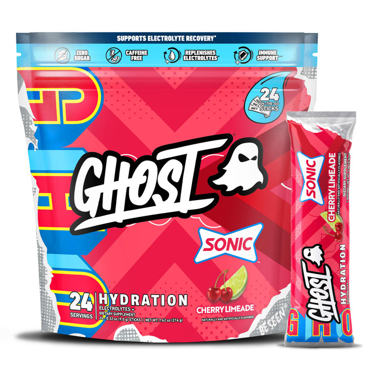 GHOST Hydration Packets, Sonic Cherry Limeade, 24 Sticks, Electrolyte Powder