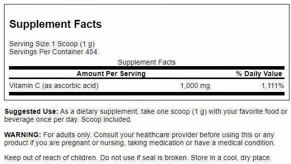 Swanson Vitamin C Powder 100% Pure Ascorbic Acid, Immune System Support, Skin