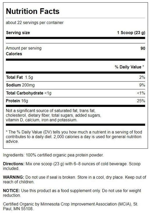 Swanson 100% Certified Organic Pea Protein Powder Non-GMO 1.1 lb (503 g) Pwdr