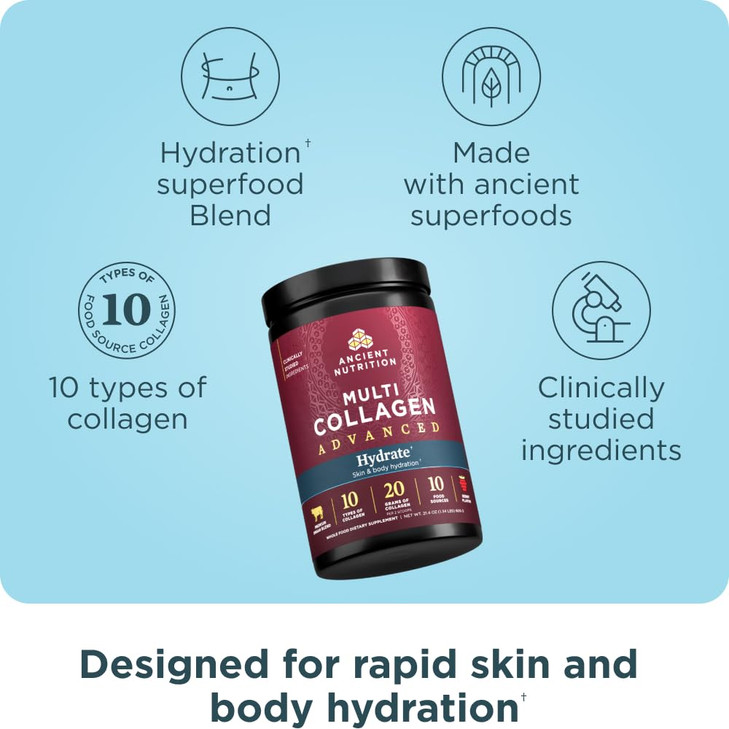 Ancient Nutrition Advanced Multi Collagen Protein Powder Hydrate, Mixed Berry