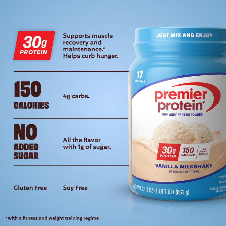 Premier Protein Powder, Vanilla Milkshake, 30g Protein, 1g Sugar, 100% Whey