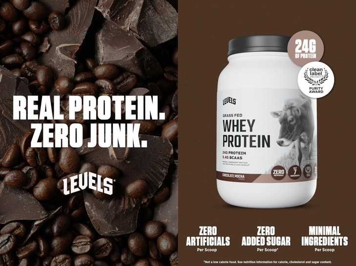 Levels Grass Fed Whey Protein Powder, No Artificials, 24G of Protein, Chocolate