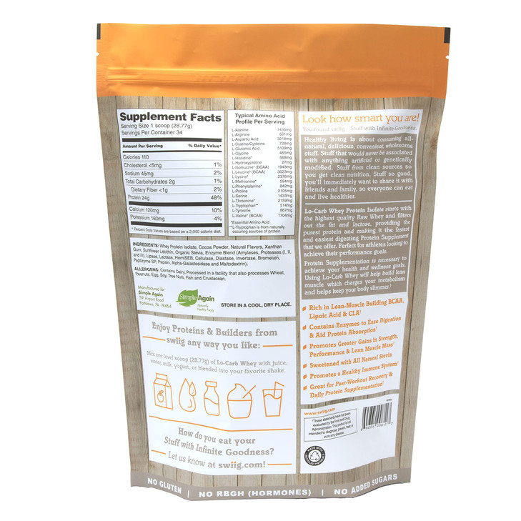 swiig Lo-Carb Whey Protein Powder, Chocolate, Isolate, No Artificial Flavors