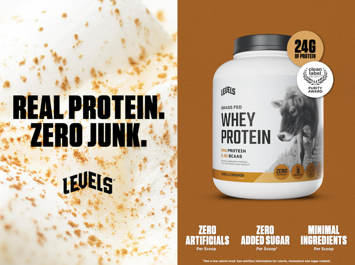 Levels Grass Fed Whey Protein Powder, No Artificials, 24G of Protein, Vanilla