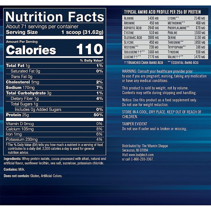 BODYTECH Whey Protein Isolate Powder - 25g Protein per Serving with BCAAs