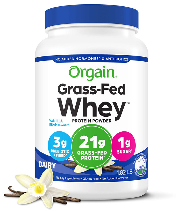 Orgain Whey Protein Powder, Vanilla Bean, 21g Grass Fed Dairy Protein, 5g BCAAs
