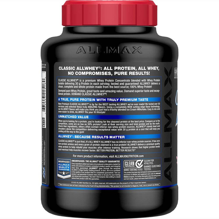 ALLMAX Classic ALLWHEY, Strawberry - 5 lb - 30 Grams of Protein Per Scoop