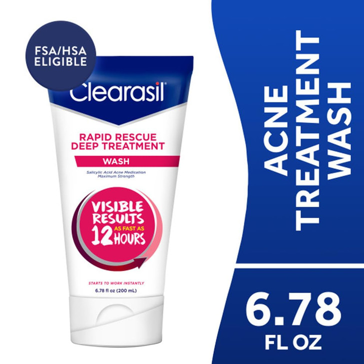 Clearasil Rapid Rescue Deep Treatment Acne Face Wash, Maximum Strenght with 2% Salicylic Acid Acne Medication, Acne Facial Cleanser, 6.78 fl oz