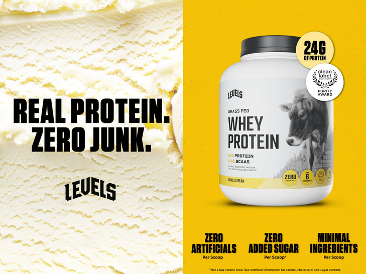 Levels Grass Fed Whey Protein Powder, No Artificials, 24G of Protein, Vanilla