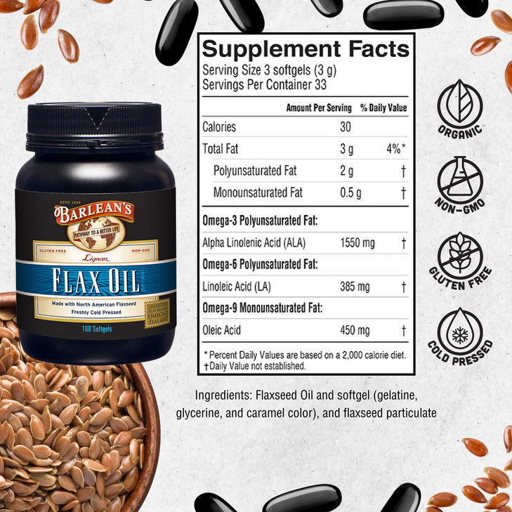 Barlean's Omega 3 6 9 Lignan Flaxseed Oil Supplements, Cold-Pressed Flax Seed