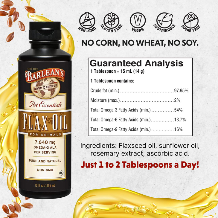 Barlean's Flaxseed Oil for Animals, Pet Essential Liquid Omega 3 Fatty Acids Cat
