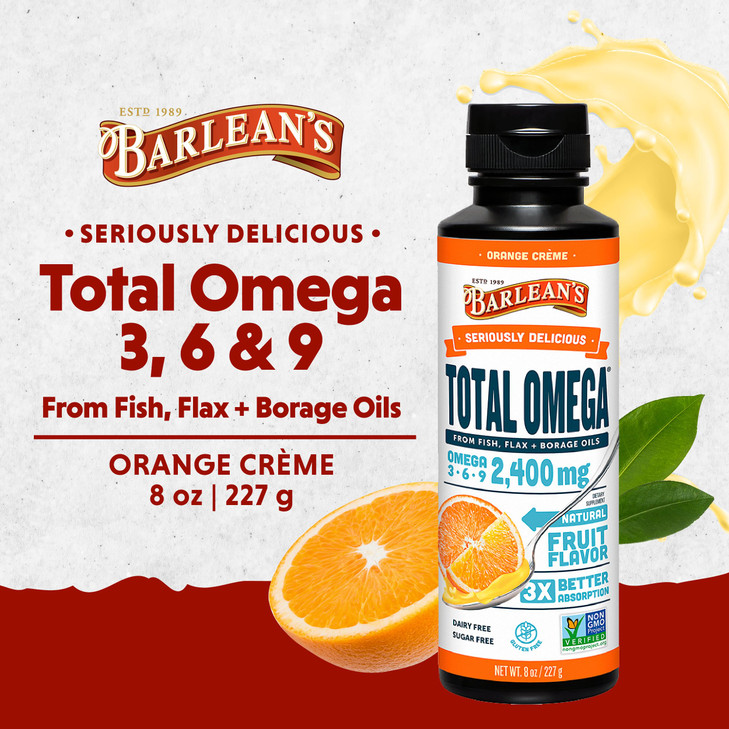 Barlean's Total Omega 3 6 9 Orange Crème Liquid Fish Oil Supplement with Borage