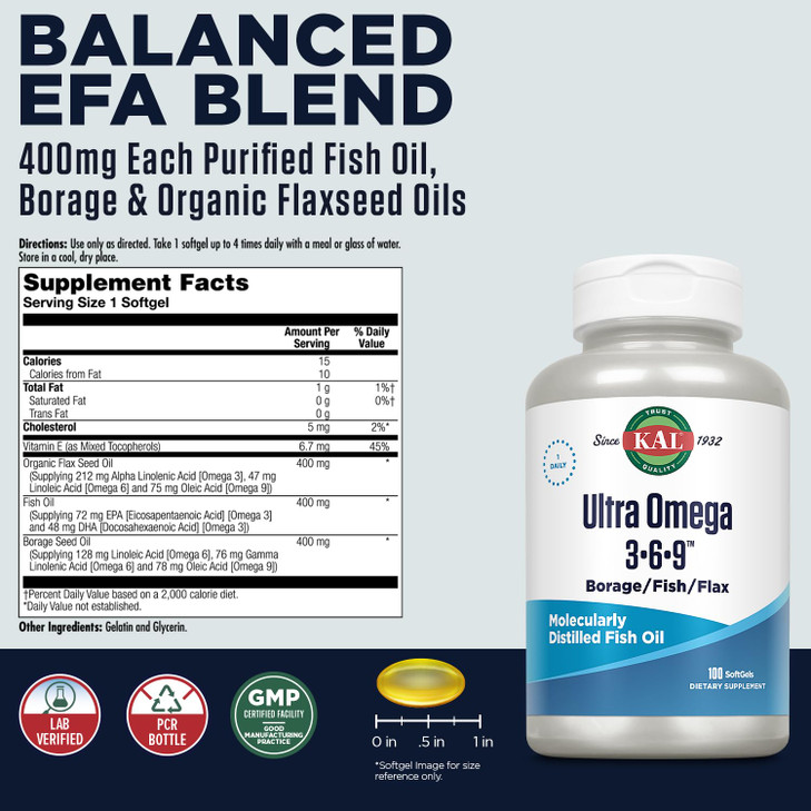 KAL Ultra Omega 3-6-9 1200mg - Fish Oil w/Cold Pressed Flaxseed & Borage Oil