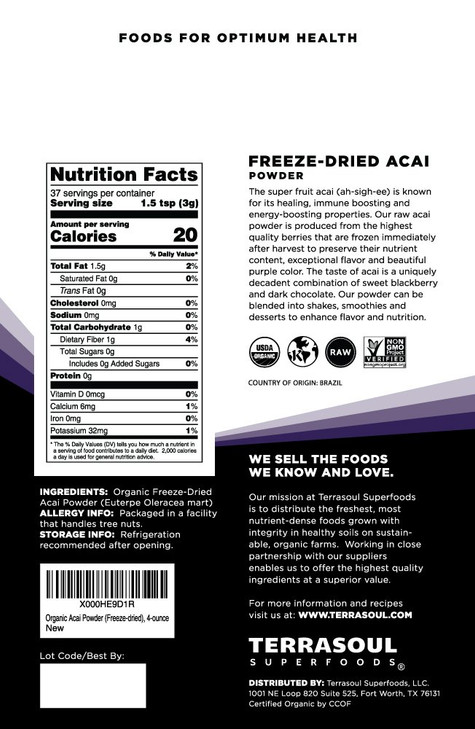 Terrasoul Superfoods Organic Acai Berry Powder, 4 Oz (Pack of 2), Freeze-Dried