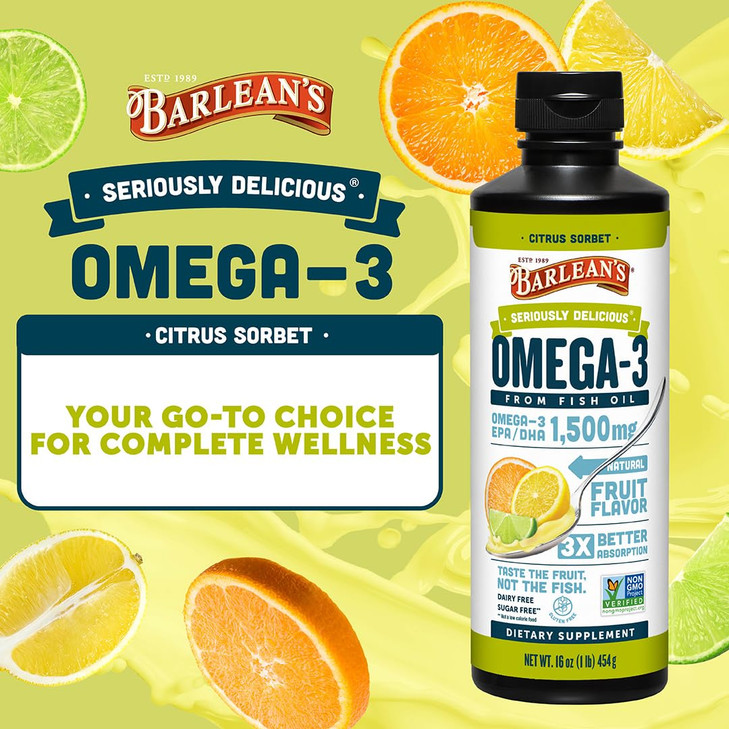 Barlean's Omega 3 Fish Oil Liquid Supplement for Men and Women, 1500mg of EPA