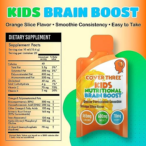 Cover Three Kids Brain Supplement Smoothie, Omega 3 Liquid Childrens DHA Fish