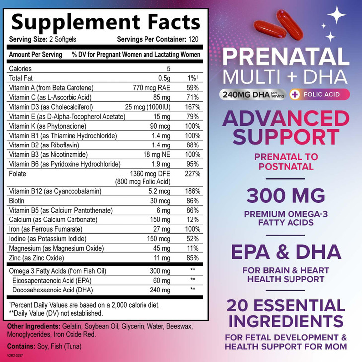 Prenatal Vitamins for Women with Folic Acid + Omega 3 DHA for Fetal Brain