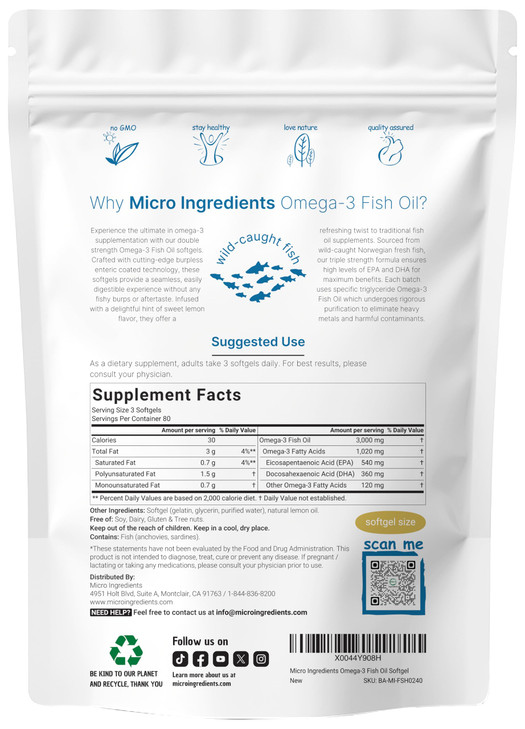 Micro Ingredients Omega 3 Fish Oil Supplements 3,000mg Per Serving, 240 Softgels