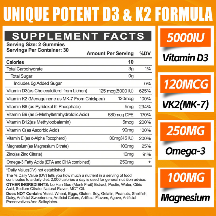 Vitamin D3 K2 Gummies for Adults - Vitamin D3 5000IU + K2 (MK-7) 120mcg