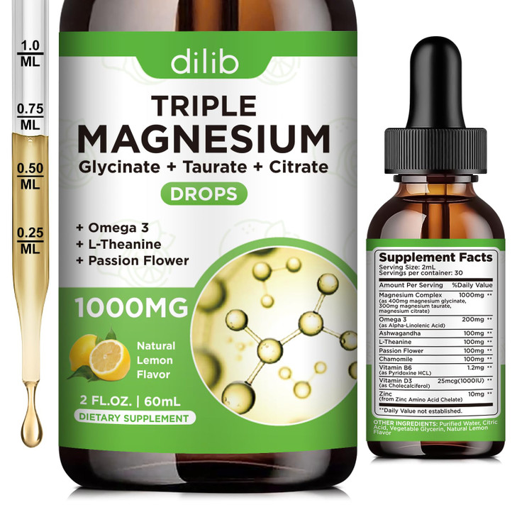 Liquid Magnesium Glycinate Supplement 1000mg, Calm Magnesium Citrate, Taurate