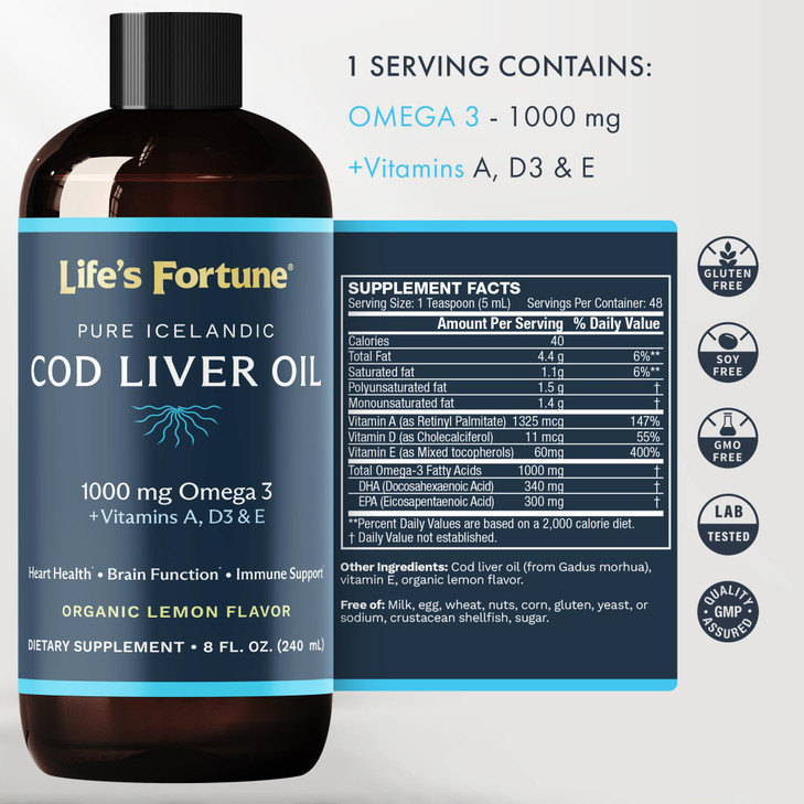 Life's Fortune Cod Liver Oil Liquid Organic Lemon Flavor (8 Oz) 1,000 mg Omega +