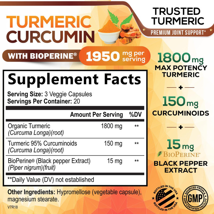 Turmeric Curcumin Supplement 95% Curcuminoids 1950mg with Organic Turmeric &