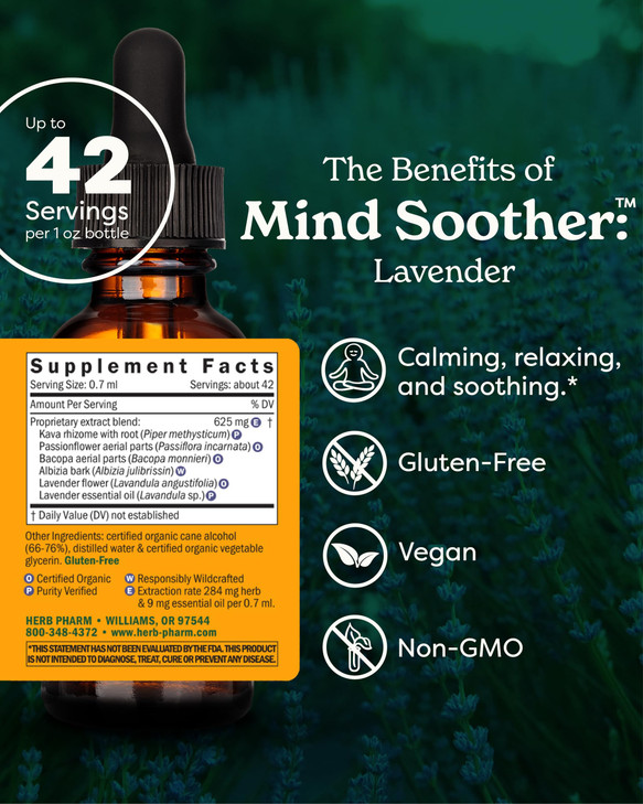 Herb Pharm Certified Organic Mind Soother, Lavender, Liquid Herbal Formula, 1 Fl