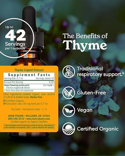 Herb Pharm Certified Organic Thyme Liquid Extract for Respiratory System Support