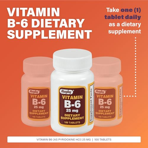 Rugby Vitamin B-6 Tablets - 25mg of Vitamin B6 - Dietary Supplement - 100 Count (1 Pack)