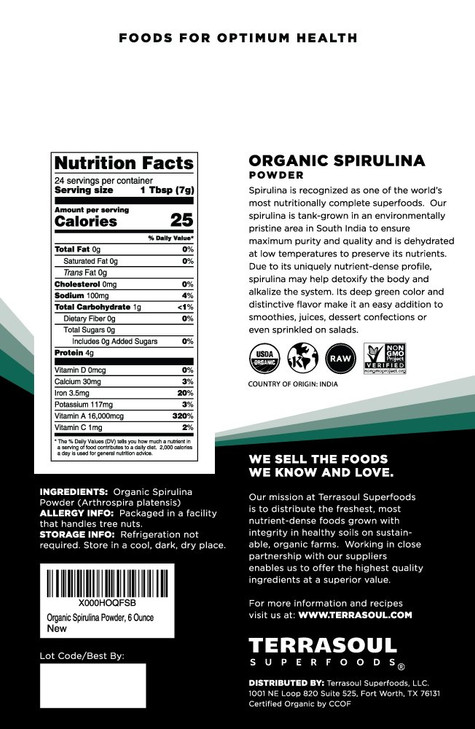 Terrasoul Superfoods Organic Spirulina Powder, 6 Oz, Vegan Protein, Green