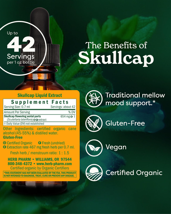 Herb Pharm Certified Organic Skullcap Liquid Extract for Nervous System Support