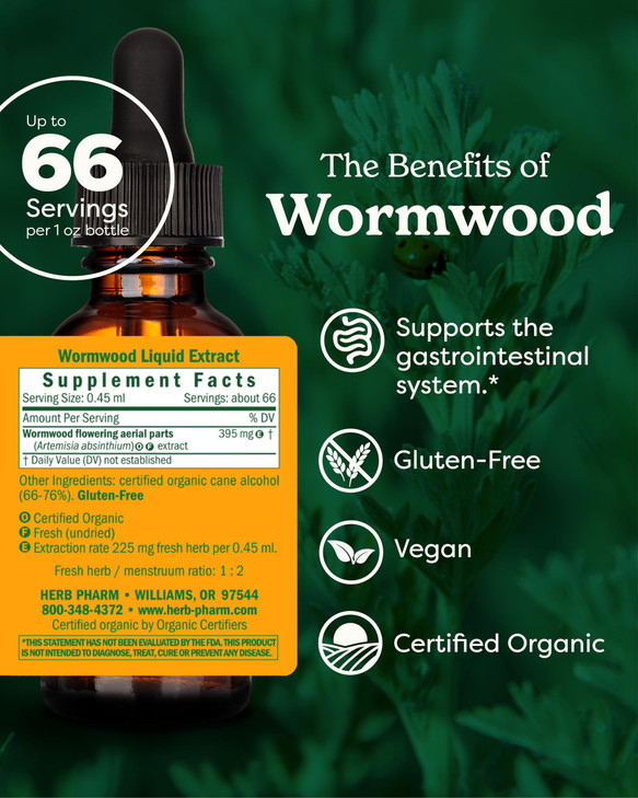 Herb Pharm Certified Organic Wormwood Liquid Extract for Digestive System