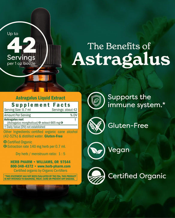 Herb Pharm Certified Organic Astragalus Liquid Extract for Immune System Support
