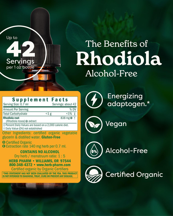 Herb Pharm Certified Organic Rhodiola Root Extract for Energy, Endurance