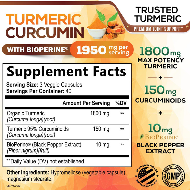 Turmeric Curcumin Supplement 95% Curcuminoids 1950mg with Organic Turmeric &