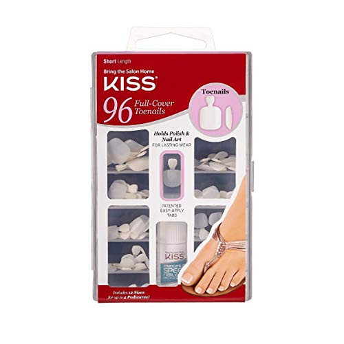 KISS 96 Full Cover Toenails Kit, Long Lasting Fake Nails, DIY Home Manicure Set with Pink Gel Nail Glue 3 g / 0.11 oz. and 96 Fake Toenails in 12 Siz