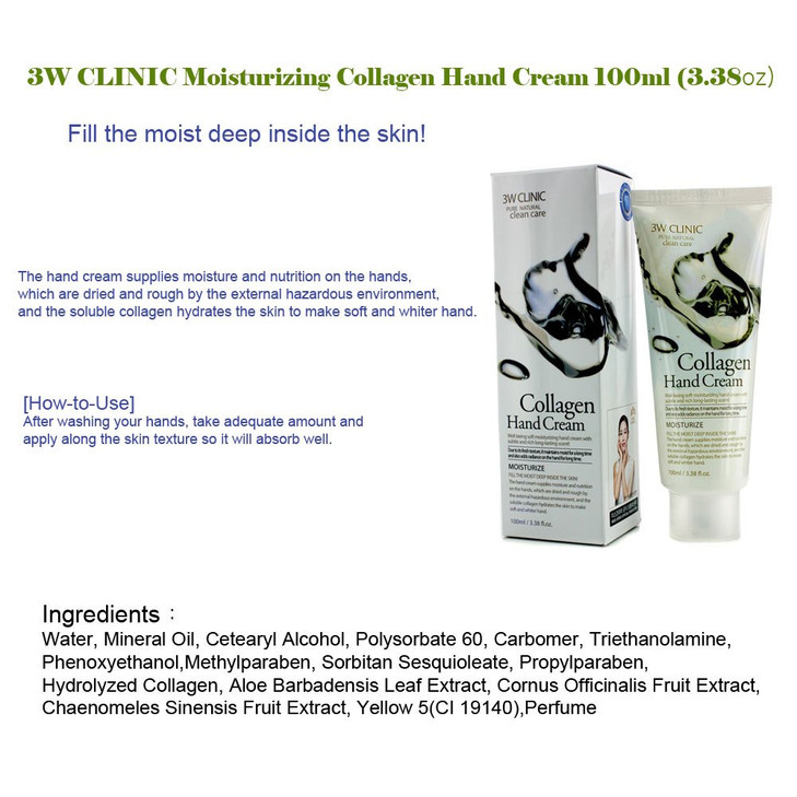 3W Clinic Hand Cream, Collagen, 3.38 Ounce