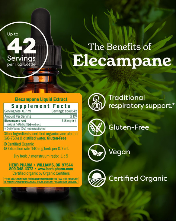 Herb Pharm Certified Organic Elecampane Liquid Extract for Respiratory System