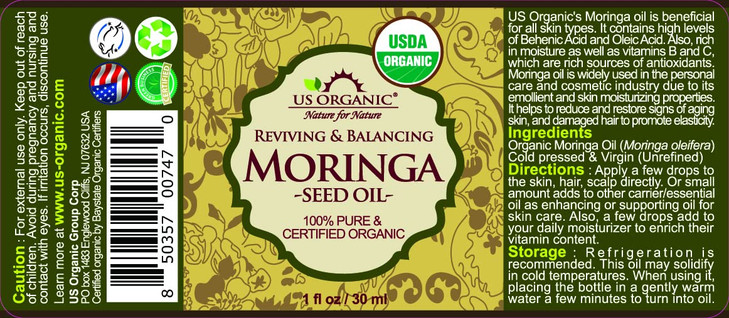 US Organic Moringa Oil, USDA Certified 100% Pure, Cold Pressed & Unrefined Non