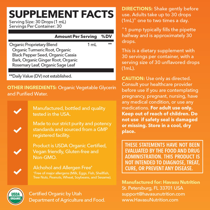 USDA Organic Turmeric Liquid Drops with Black Pepper