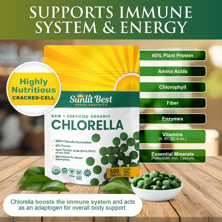 Sunlit Best USDA Organic Premium Chlorella Tablets 500 Tabs