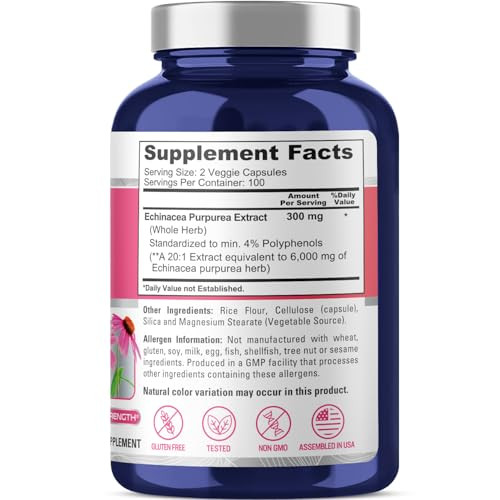 NusaPure Echinacea 20:1 Extract, 300 mg Equivalent to 6,000mg 200 Veggie Caps