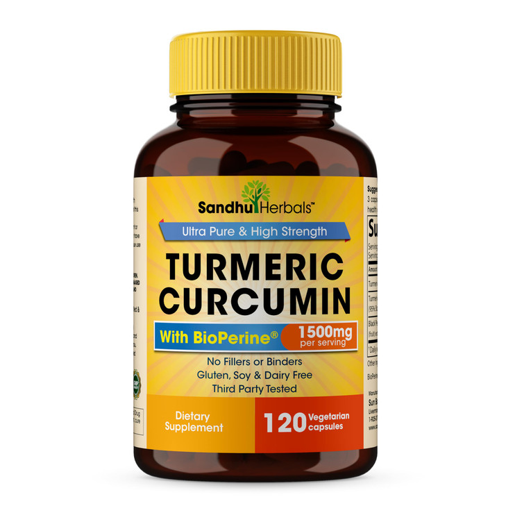 SANDHUHERBALS Organic Turmeric Curcumin 120 Capsules with Bioperine Black Pepper