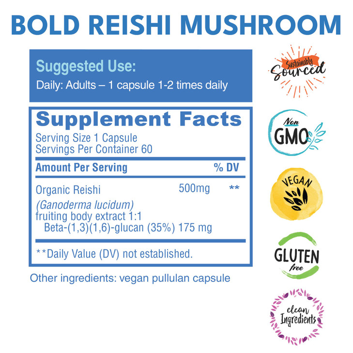 Bold Botanica Reishi Mushroom Capsules - 100% Fruiting Body