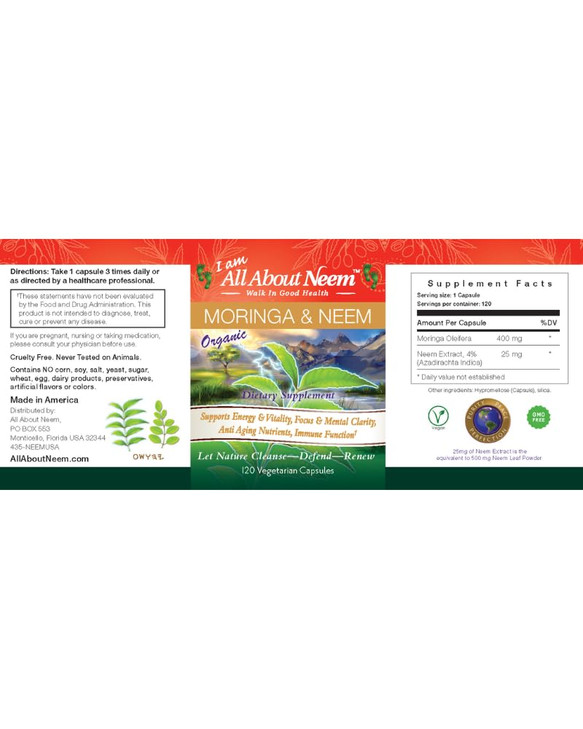 Organic Moringa 400mg & Neem Leaf 500mg Capsules - 120 Count