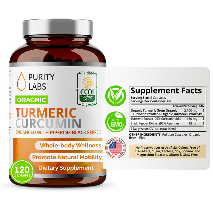 Purity Labs Organic Turmeric Curcumin Supplement with Piperine 2,250 MG/Serving