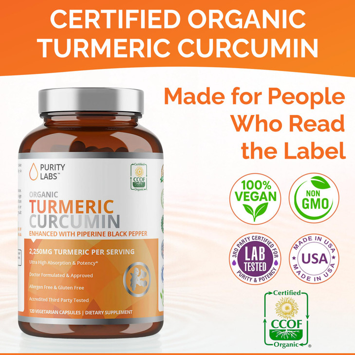 Purity Labs Organic Turmeric Curcumin Supplement with Piperine 2,250 MG/Serving
