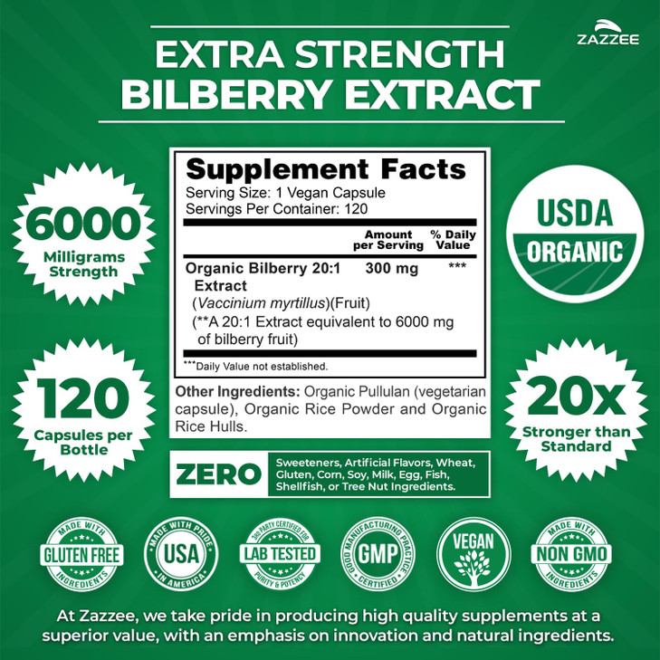 Zazzee USDA Organic Bilberry 20:1 Extract, 6000 mg Strength, 120 Vegan Capsules